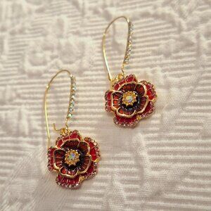 Red Flower Earrings with Rhinestones